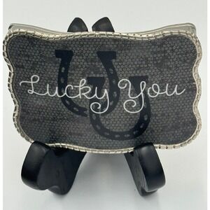 Wallet Buckle Lucky You Horseshoe Western Belt Buckle Silver Tone Grey Pattern